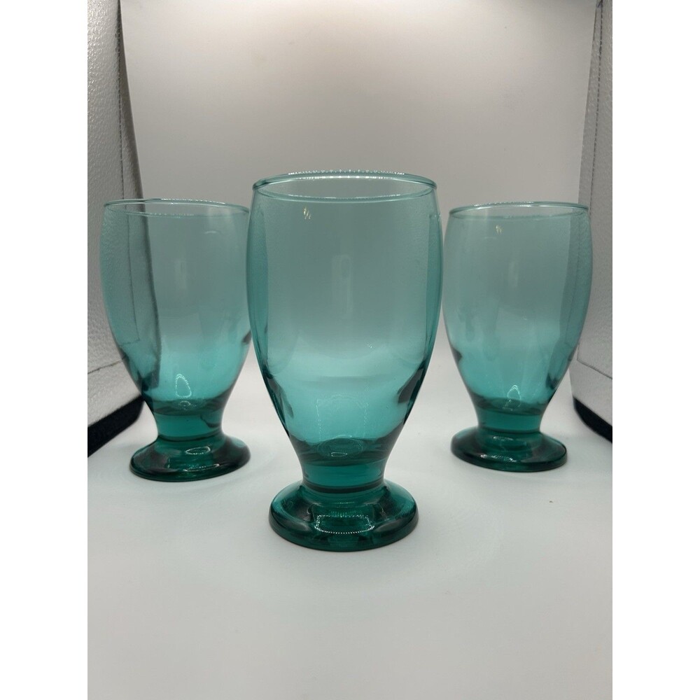 Cristar Turquoise Water Glasses Goblets Footed Hand Blown 10 Oz Set of 3